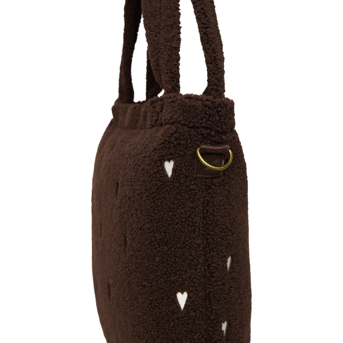 Teddy Wickeltasche Chocolate Hearts am Kinderwagen befestigt