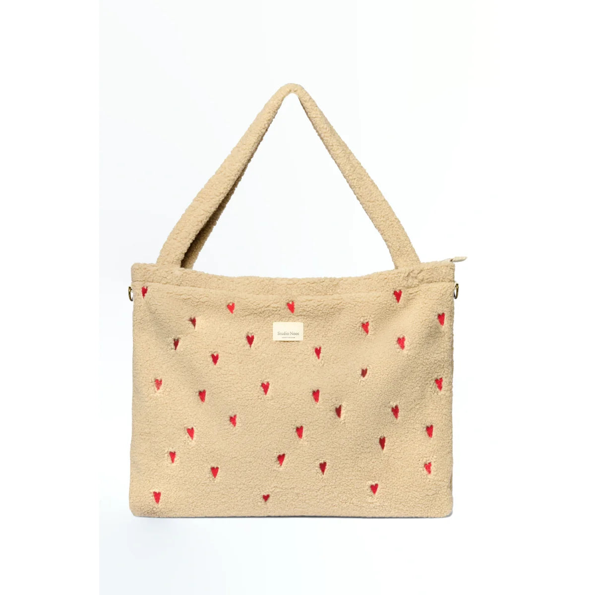 Beige Sherpa Tasche mit roter Herzstickerei, Teddy Mom Wickeltasche, Ecru Herzen