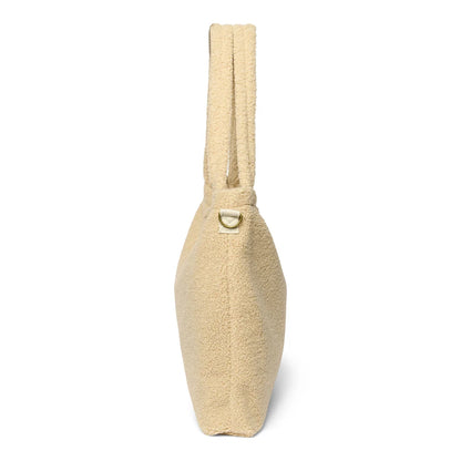 Beige Teddy Mom Diaper Bag in Ecru with D-ring attachment and vertical handle