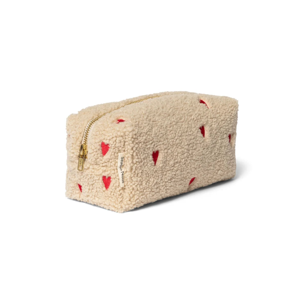 Beige plush Make-up Tasche mit roten Herzmustern und goldenem Reißverschluss
