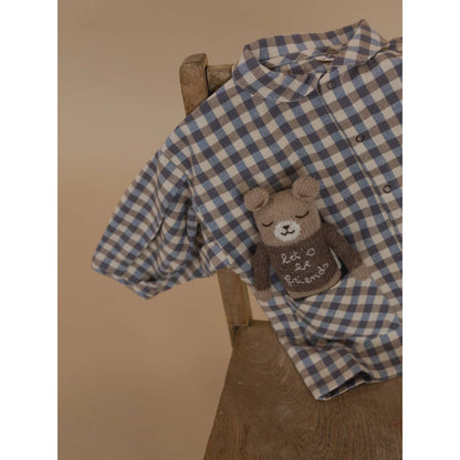 Gemütlicher brauner Teddy Bär im Taschenhemd mit ’Let’s be friends’ Pullover