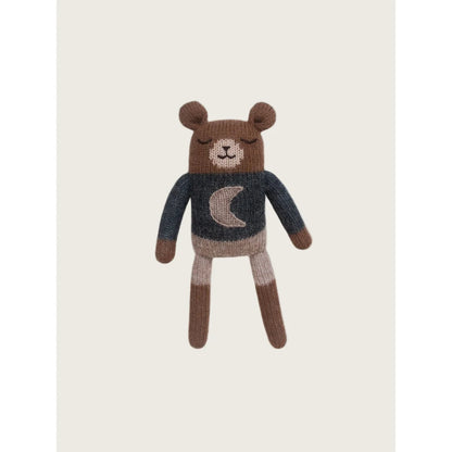 Gestrickter brauner Bären-Teddy Midnight mit grauem Mond-Pulli
