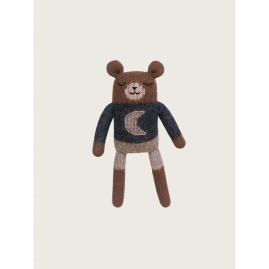 Gestrickter brauner Bären-Teddy Midnight mit grauem Mond-Pulli