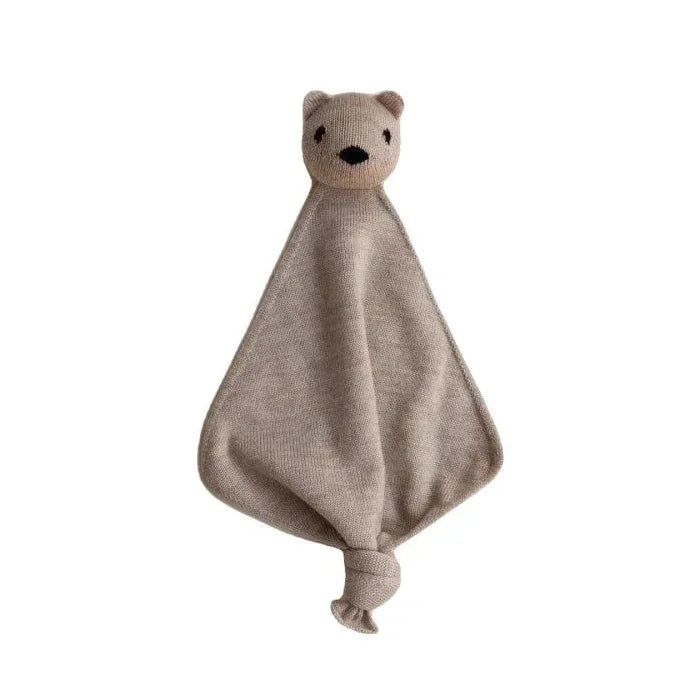 Hvid Teddy Tokki in Sand, gestrickter Schmusekumpel mit Schnullerband
