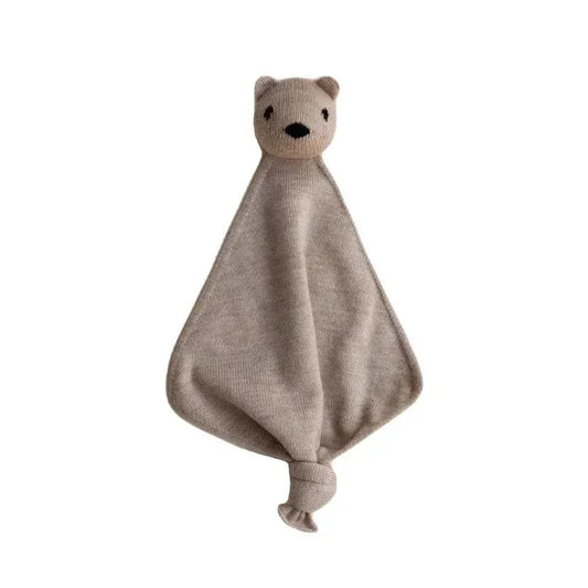 Hvid Teddy Tokki in Sand, gestrickter Schmusekumpel mit Schnullerband