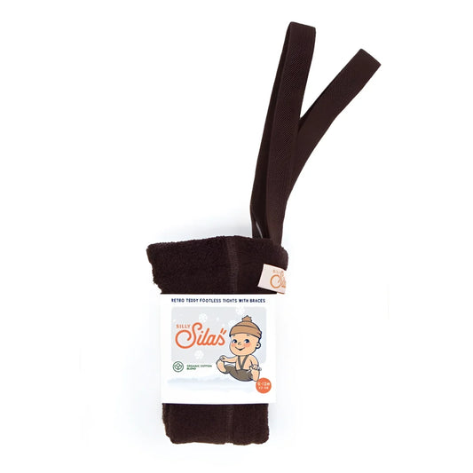 Dunkelbraune Träger mit elastischen Riemen und Etikett für Teddy Warmy Strumpfhose