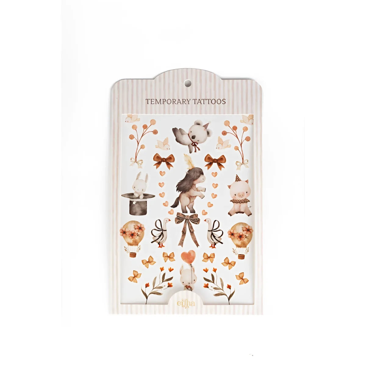 Temporäre Kindertattoos: Einhorn-Set mit herbstlichen Farben und Blumen auf weißer Karte