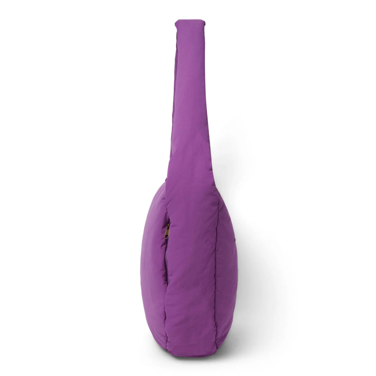 Textured puffy cross body bag in purple with quilted design long strap and gold zipper for shoulder use