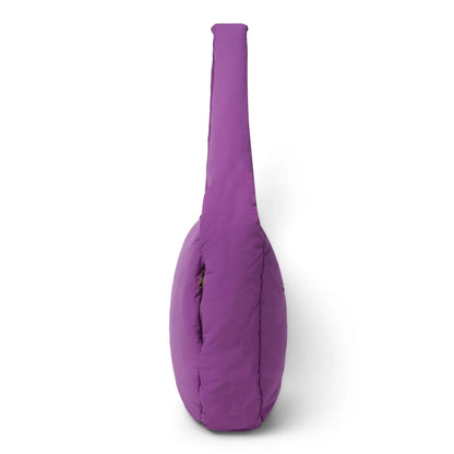 Textured puffy cross body bag in purple with quilted design long strap and gold zipper for shoulder use