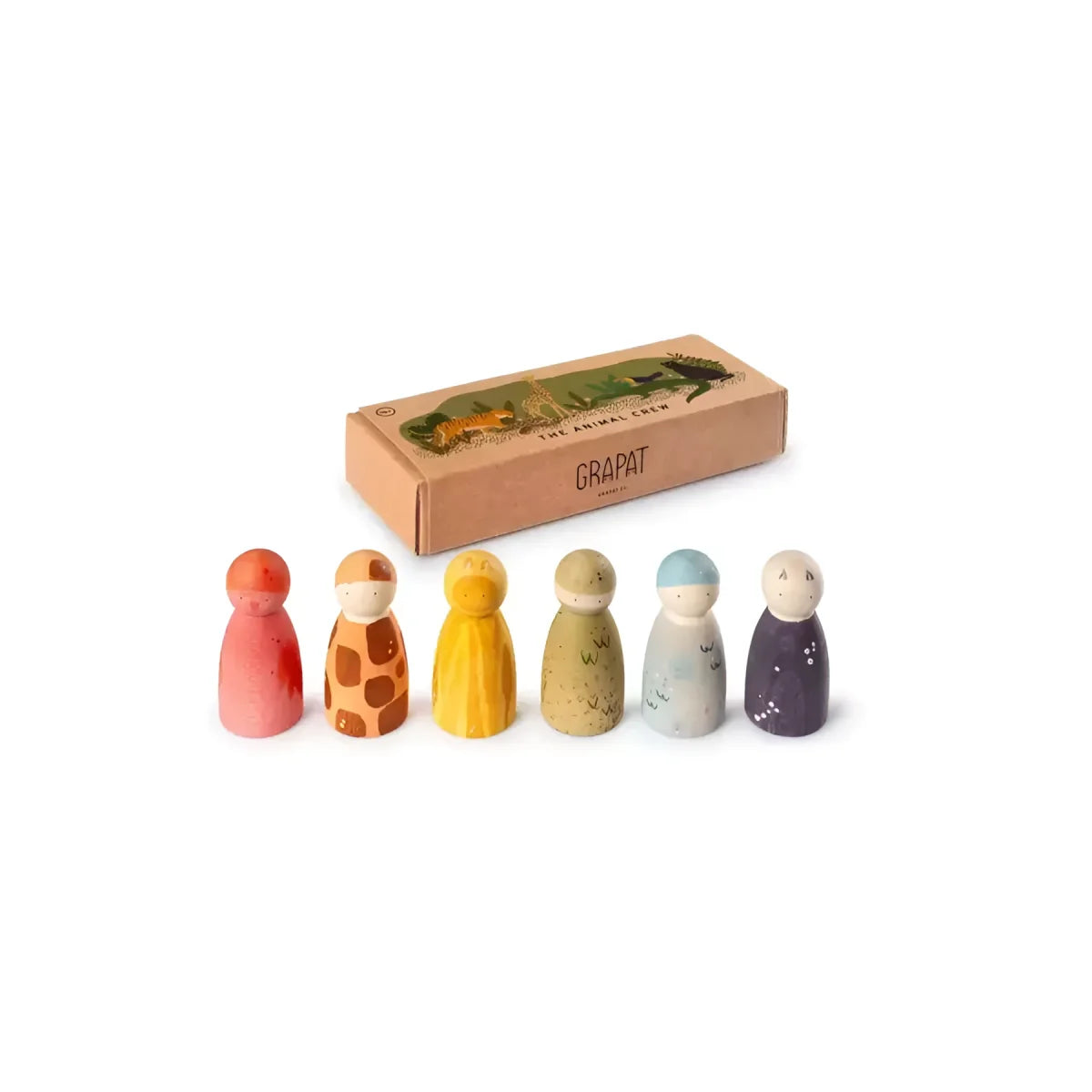 Sechs handbemalte Holzfiguren aus der Serie The Animal Crew mit pastell- und erdfarbenen Tiermustern