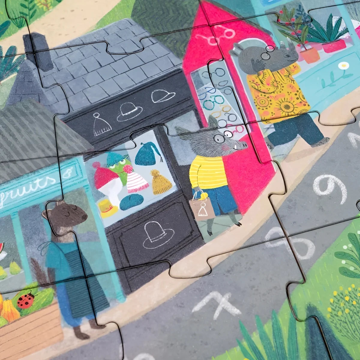 Buntes Puzzle mit Cartoon-Tieren im Einkaufsdorf: The Mysterious Case of the Birthday Puzzle