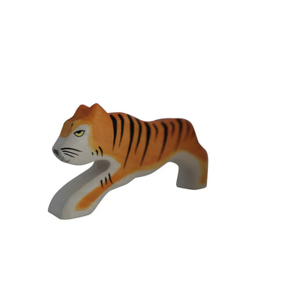 Holzspielzeug Tiger mit orange-schwarzen Streifen und weißem Bauch