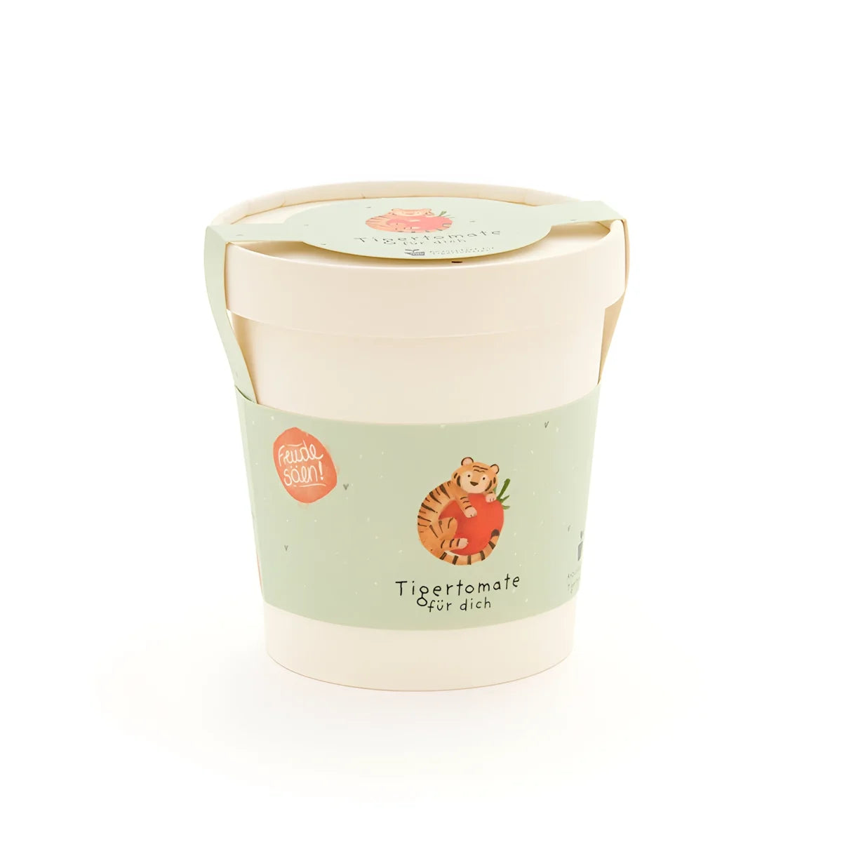 Charmanter tigertomate becher aus cremefarbenem papier mit grünem band und tiger-motiv für ökologische baby- & kinderprodukte