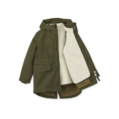 Olivegrüne Parka mit cremefarbener Sherpa-Fütterung, Timber 2-in-1 Jacke Army braun