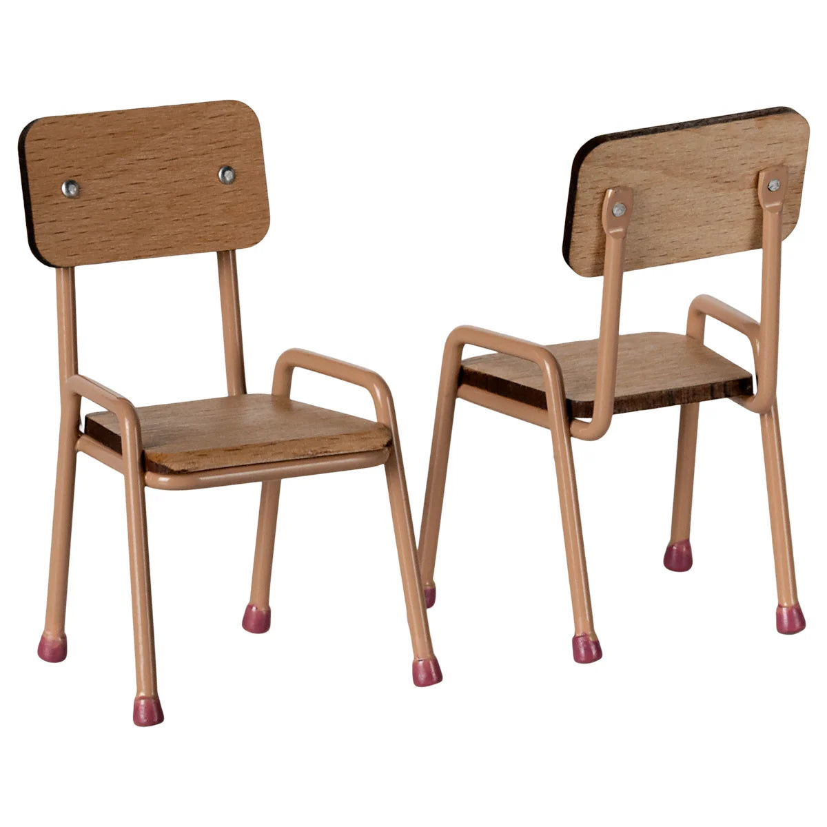 Zwei Mini-Holzschulstühle mit Metallrahmen und rosa Gummifüßen der Maus Garnitur