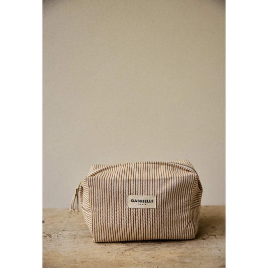 Beige-weiss gestreifte Toilettentasche Argile Stripes aus Baumwolle mit gewebter Struktur und Label von Gabrielle Paris