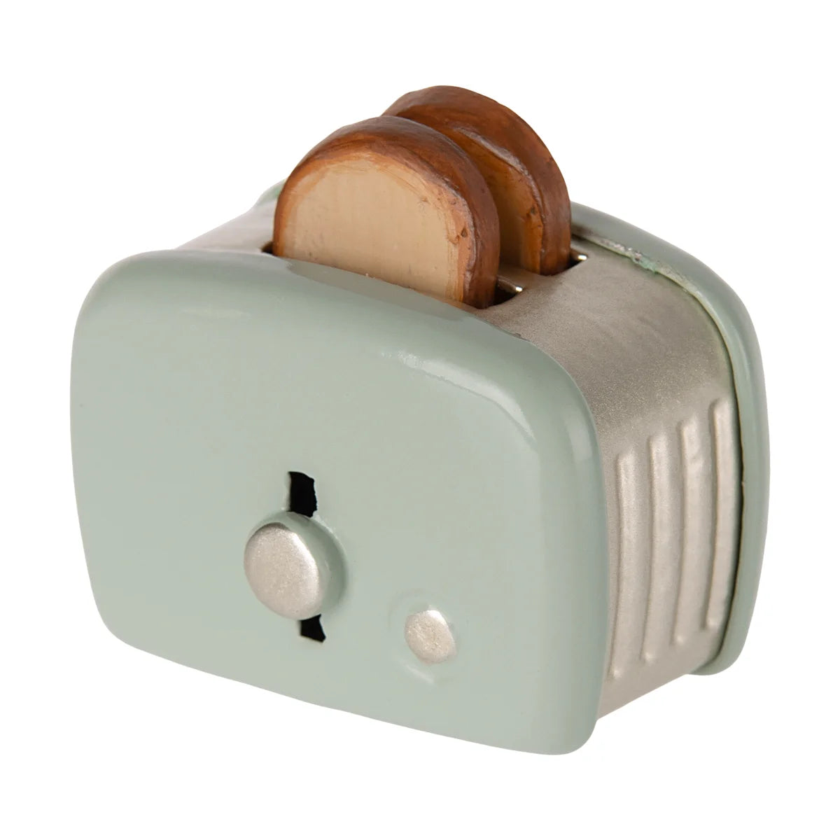 Pastellgrüner Mini-Toaster Maus Mint mit silbernen Akzenten und zwei getoasteten Brotscheiben