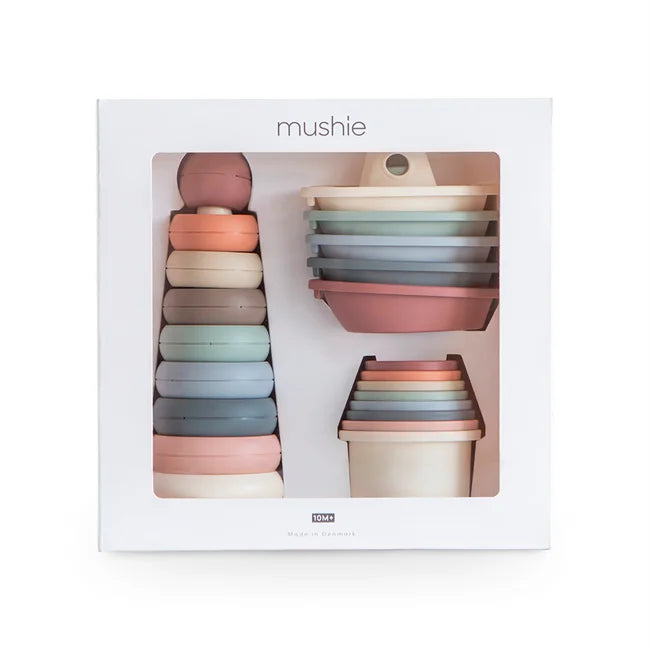 Mushie Stapelringe-Set in sanften Pastellfarben aus glattem Silikon: Toy Gift Box