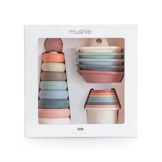 Mushie Stapelringe-Set in sanften Pastellfarben aus glattem Silikon: Toy Gift Box