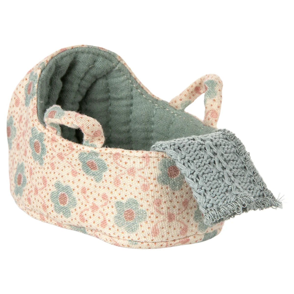 Zarte pastellfarbene Babywiege Tragetasche Babymaus Blau mit grüner Decke