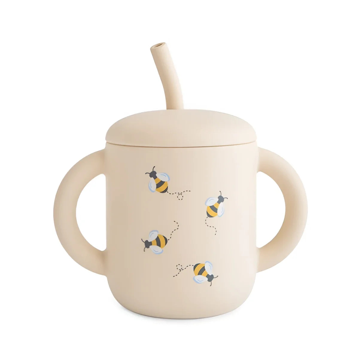 Beige Silikon-Trinklerntasse mit spielerischen gelb-schwarzen Bienenmotiven und passendem Strohhalm