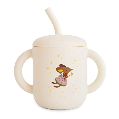 Cremefarbener Silikon-Trinklernbecher mit weichen Griffen und Maus im Tutu mit Sterneffekt, Fairy Mice Design