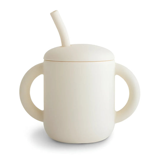 Beiger Trinkbecher mit Griffen für Babys und Kleinkinder, Silicone mit Strohgeleit