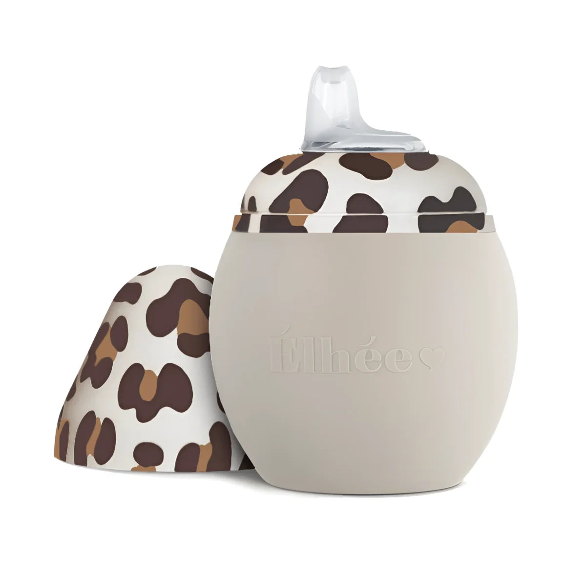 Beige Silikon-Trinklernflasche Coconut Graouu Sand 240 ml mit Leopardenmuster-Deckel und klarem Kunststoffschnabel, von Élhée