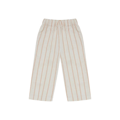 Beige gestreifte Leinen-Optik Hosen mit rosa Streifen, elastischer Bund