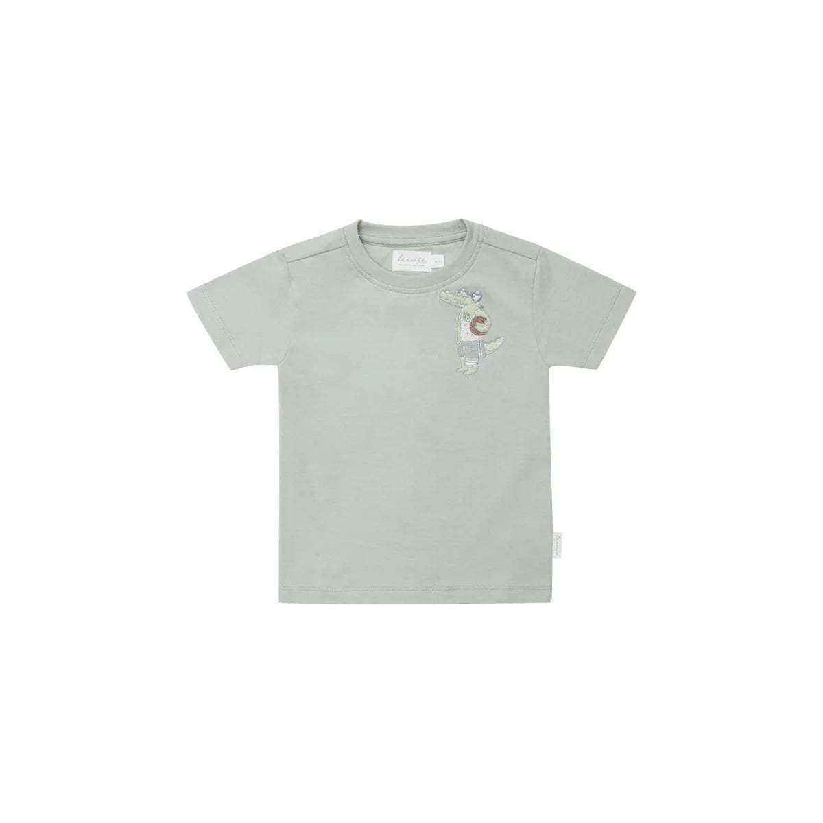 Weiches graues Unisex-Kinder-T-Shirt mit gesticktem Krokodil und Kreis auf der Brust