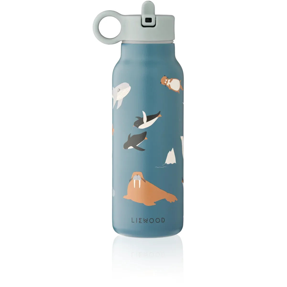Blaue Wasserflasche mit arktischen Tieren und Meerblickdesigns