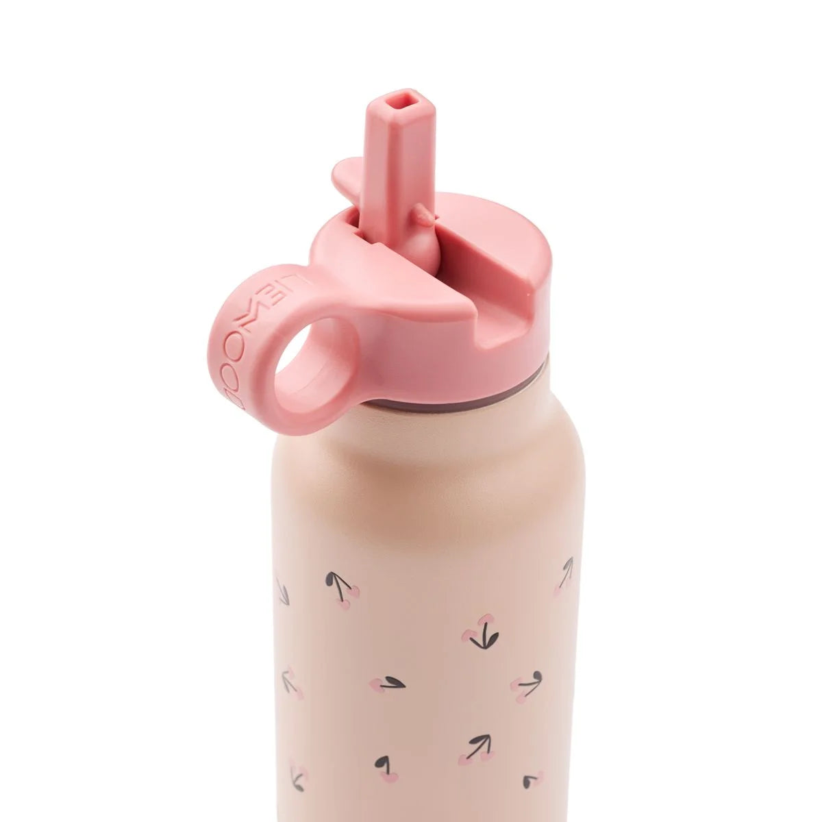 Rosa isolierte wasserflasche falk 350 ml mit floralem muster und passendem strohhalmdeckel für unterwegs