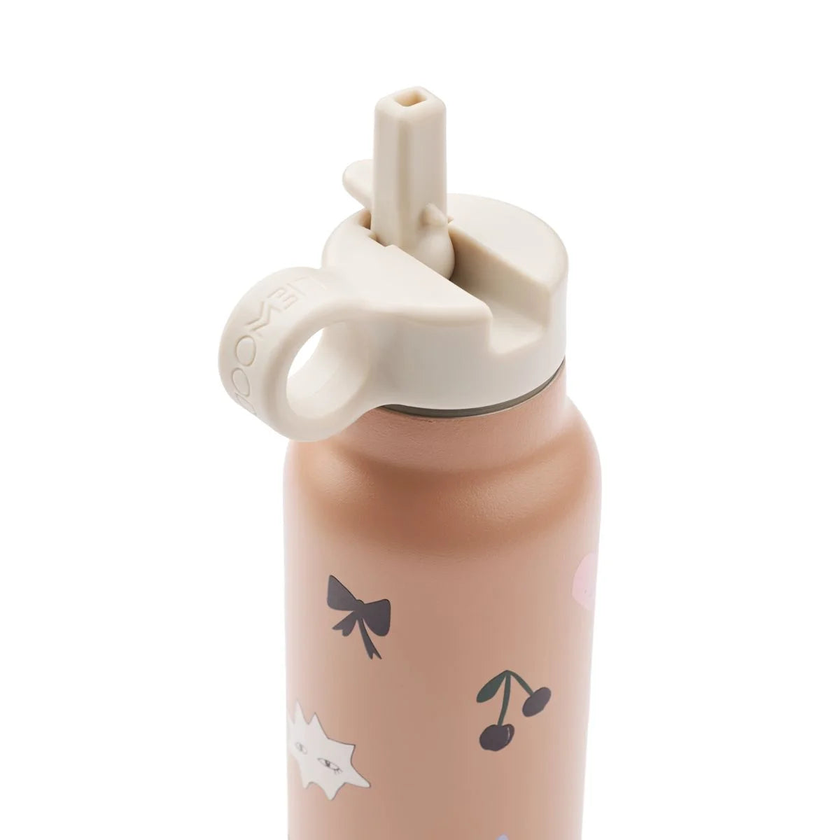 Rosa isolierte wasserflasche falk 350 ml mit beigem strohdeckel und spielerischen schwarz-weißen motive in mood pale tuscany