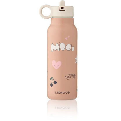 Rosa isolierte Wasserflasche Falk 350 ml Mood Pale Tuscany mit weissem Klappdeckel und Griff, mit Mond- und Herzmotiven