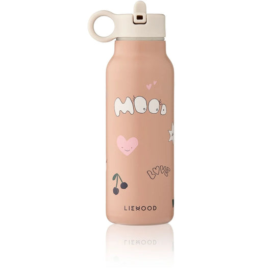 Rosa isolierte Wasserflasche Falk 350 ml Mood Pale Tuscany mit weissem Klappdeckel und Griff, mit Mond- und Herzmotiven