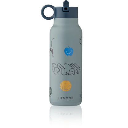 Graue matte Wasserflasche Falk 350 ml Play Dusty Peppermint mit buntem Play-Design und Cartoon-Grafiken, dunkelblauer