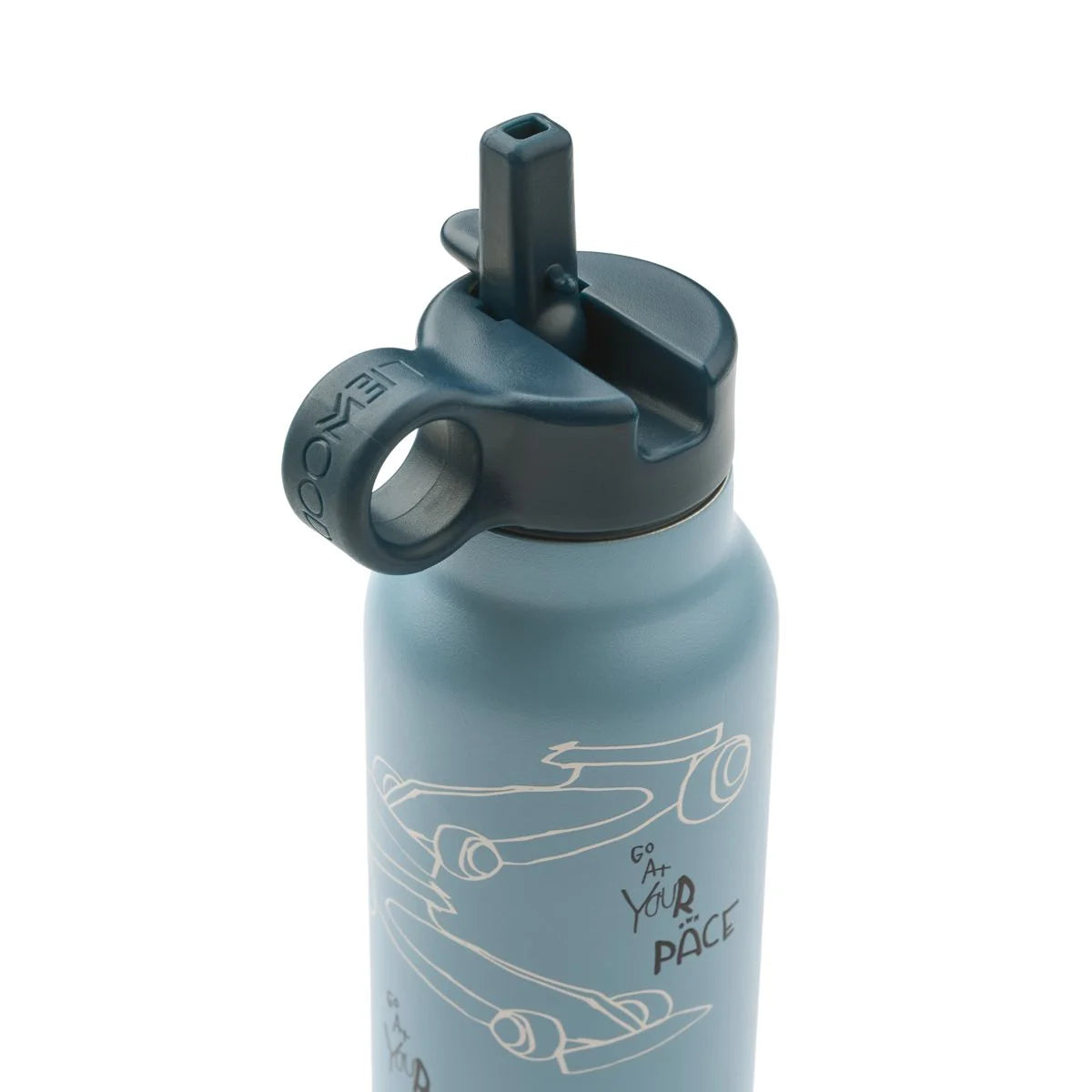 Matte blaue wasserflasche falk 350 ml mit schwarzem strohhalmdeckel und weißen skateboard linienzeichnungen