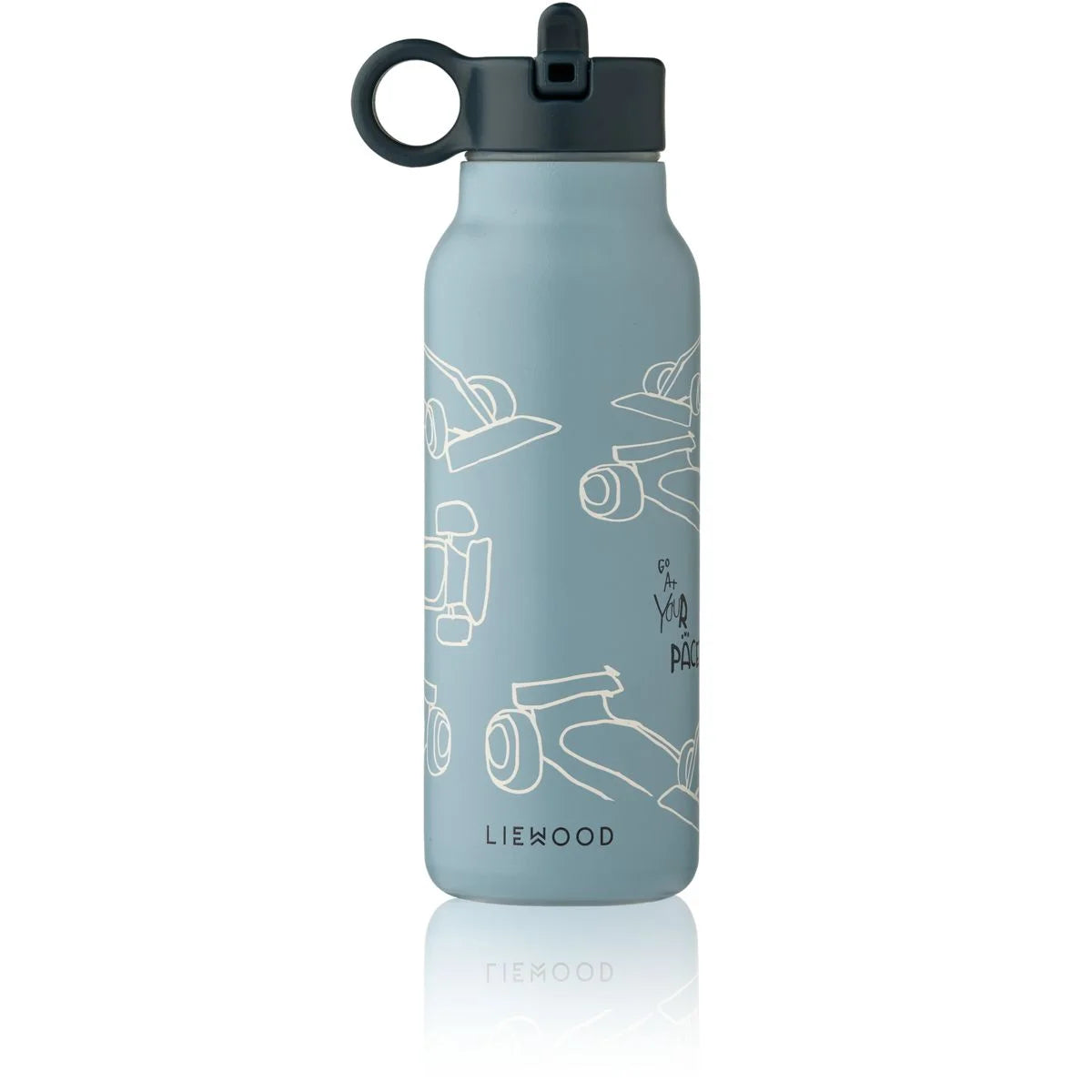 Wasserflasche Falk 350 ml Race Cars Beach Blue mit weissen Rennwagen-Zeichnungen und schwarzem Tragegriffdeckel