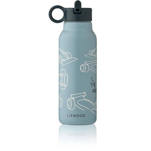 Wasserflasche Falk 350 ml Race Cars Beach Blue mit weissen Rennwagen-Zeichnungen und schwarzem Tragegriffdeckel