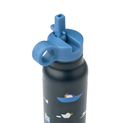Navyblaue recyceltem Edelstahl-Wasserflasche Falk 350ml mit Strohhut und nautischen Motiven