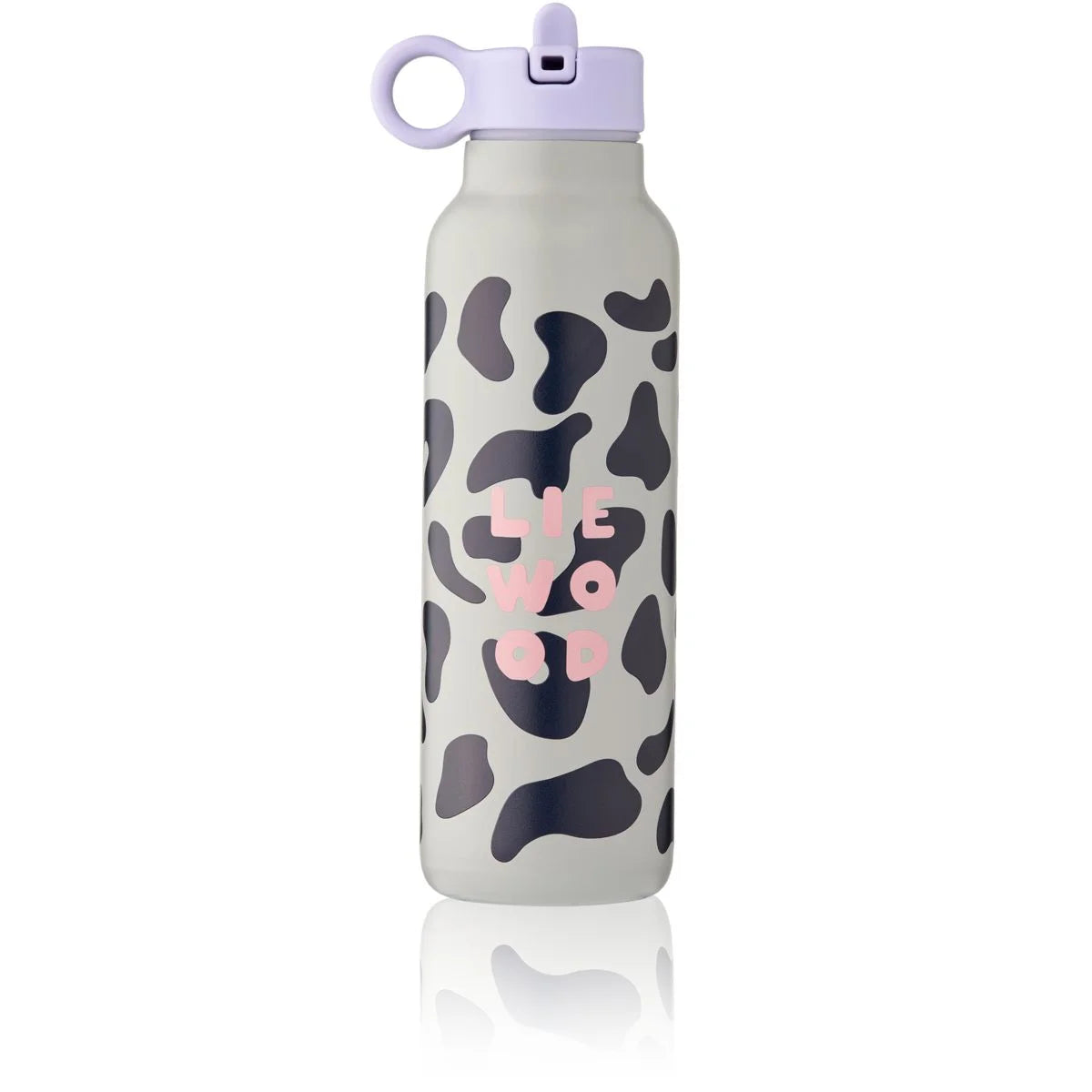 Matte Wasserflasche Falk 500 ml Mega Leo Mist mit schwarz-weissem Leopardenmuster, rosa Schriftzug und lavendelfarbenem