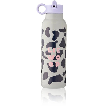 Matte Wasserflasche Falk 500 ml Mega Leo Mist mit schwarz-weissem Leopardenmuster, rosa Schriftzug und lavendelfarbenem