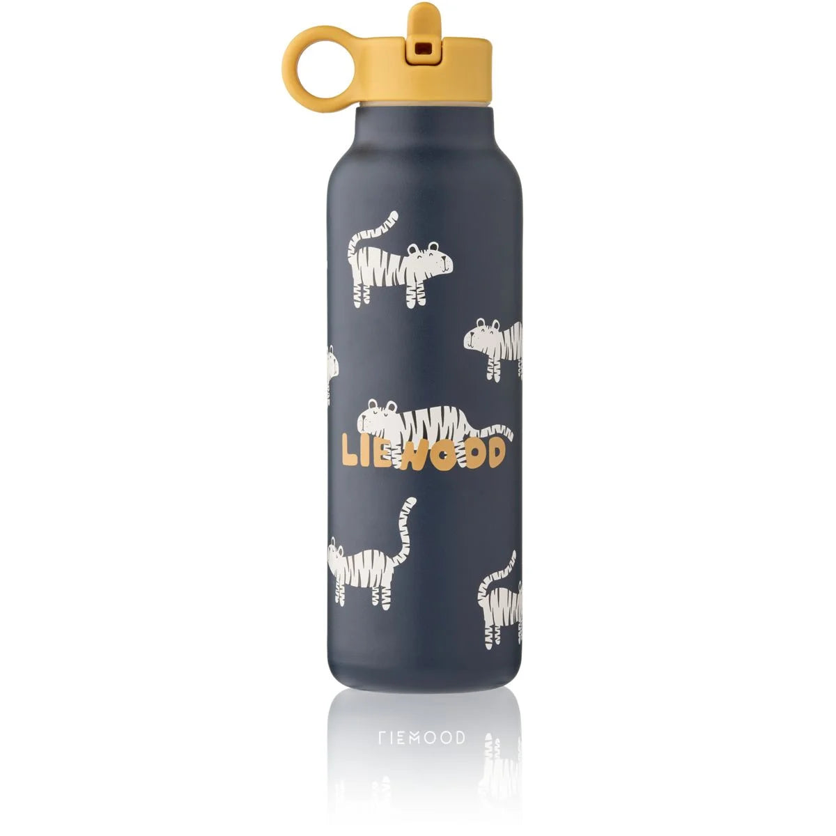 Marineblaue Wasserflasche Falk 500 ml Tiger Classic Navy mit weissem Tigerdesign und senfgelbem Deckel