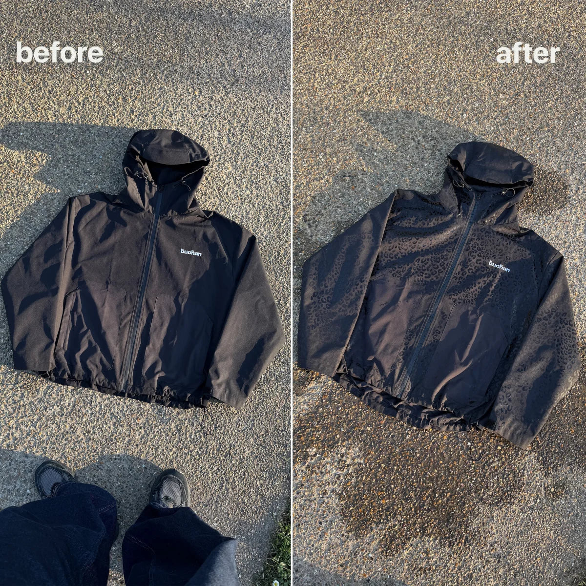 Buchan Water Reactive Cheetah Rain Jacket Schwarz – vorher + nachher im Regen