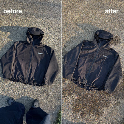 Buchan Water Reactive Cheetah Rain Jacket Schwarz – vorher + nachher im Regen