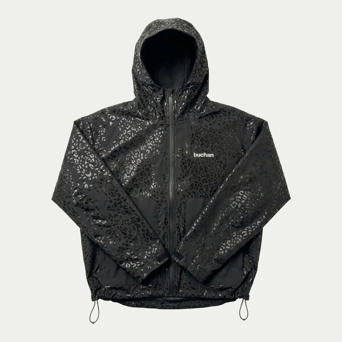 Buchan Water Reactive Cheetah Rain Jacket Schwarz – nass, mit sichtbarem Gepardenmuster
