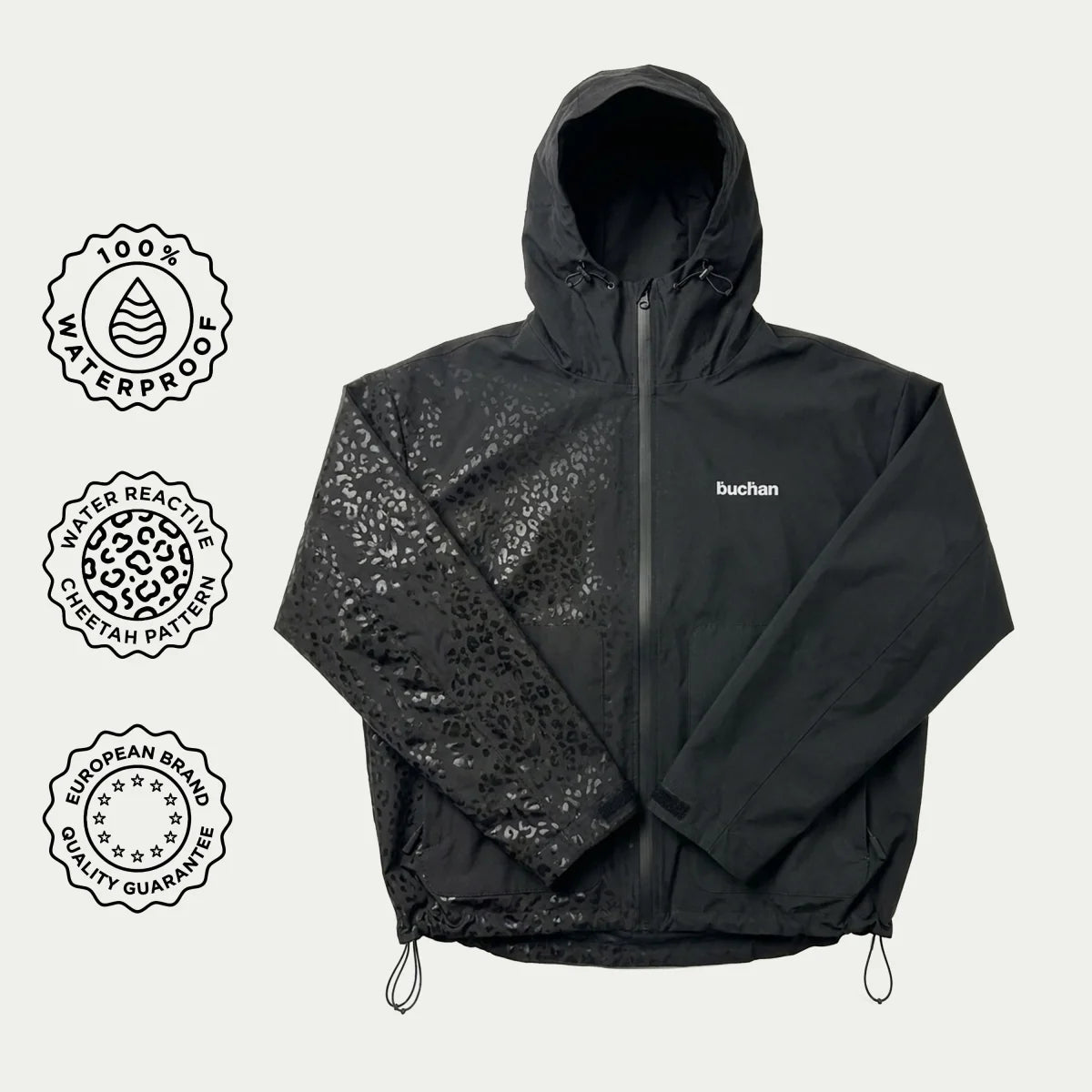 Buchan Water Reactive Cheetah Rain Jacket Schwarz – Produktbild mit Eigenschaften