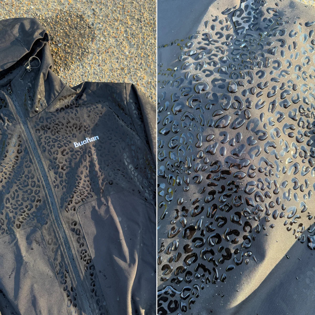 Buchan Water Reactive Cheetah Rain Jacket Schwarz – Detail Gepardenmuster bei Nässe