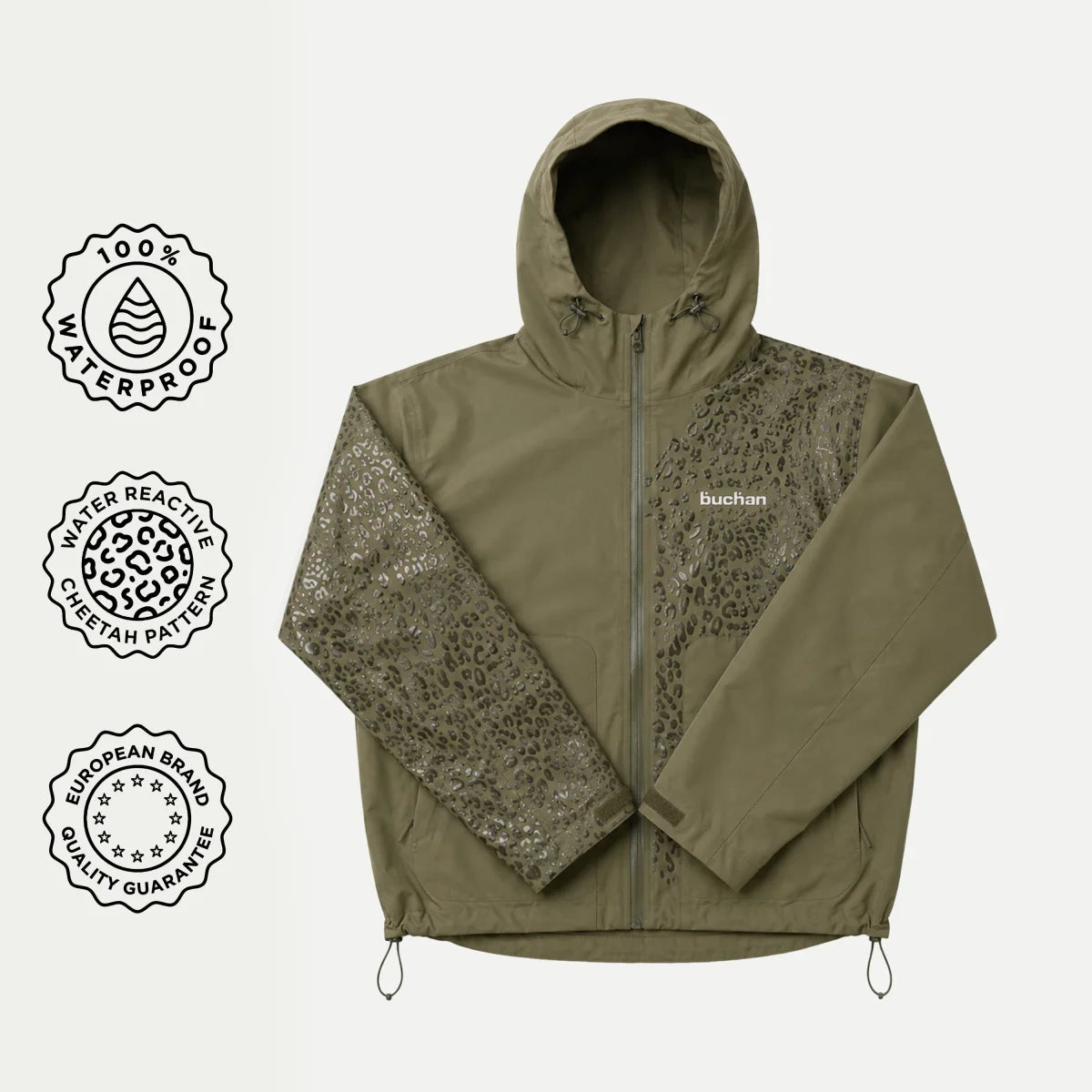 Buchan Water Reactive Cheetah Rain Jacket Grün – Produktbild mit Eigenschaften