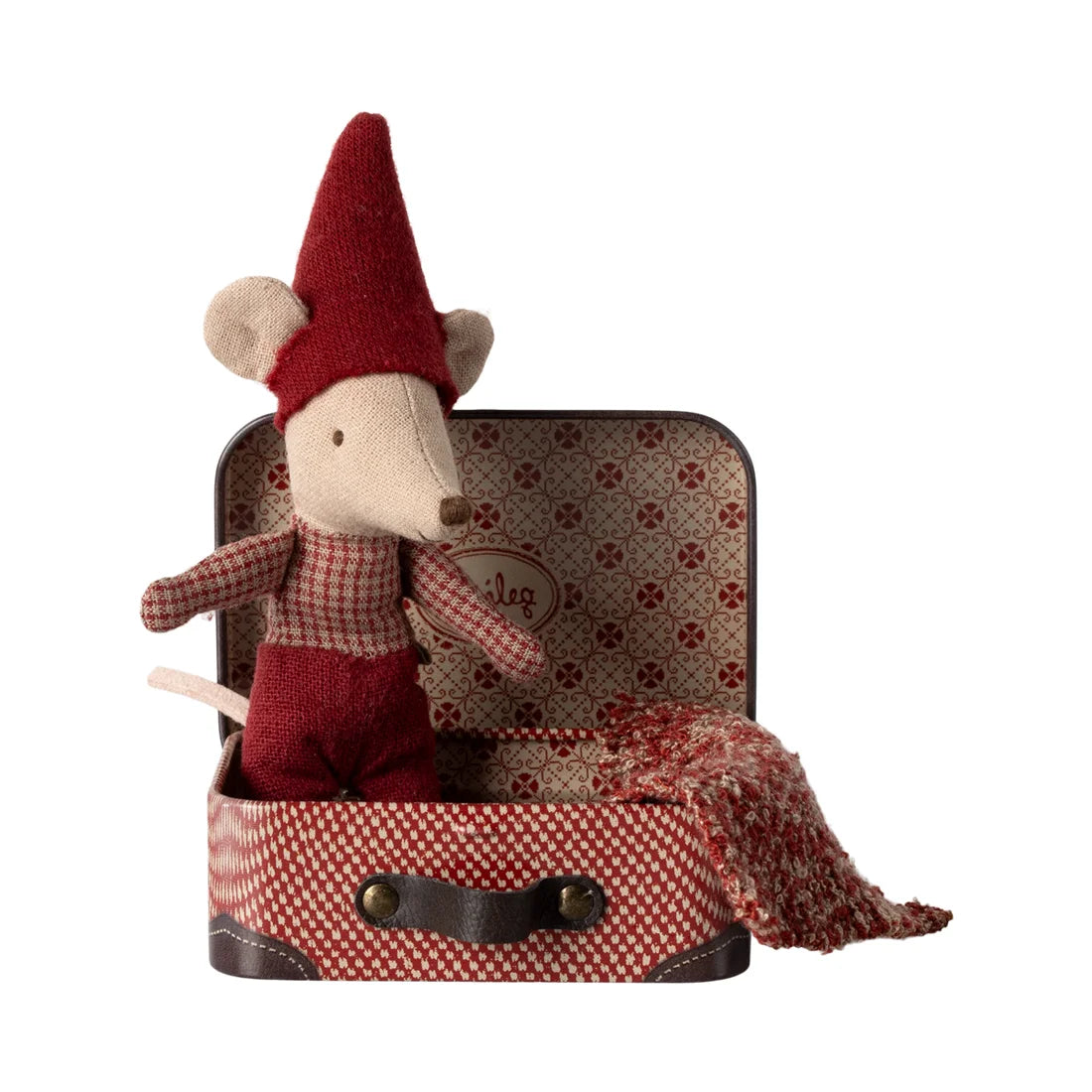 Baby Maus im Koffer mit rotem Hut und kariertem Outfit in Vintage-Stil